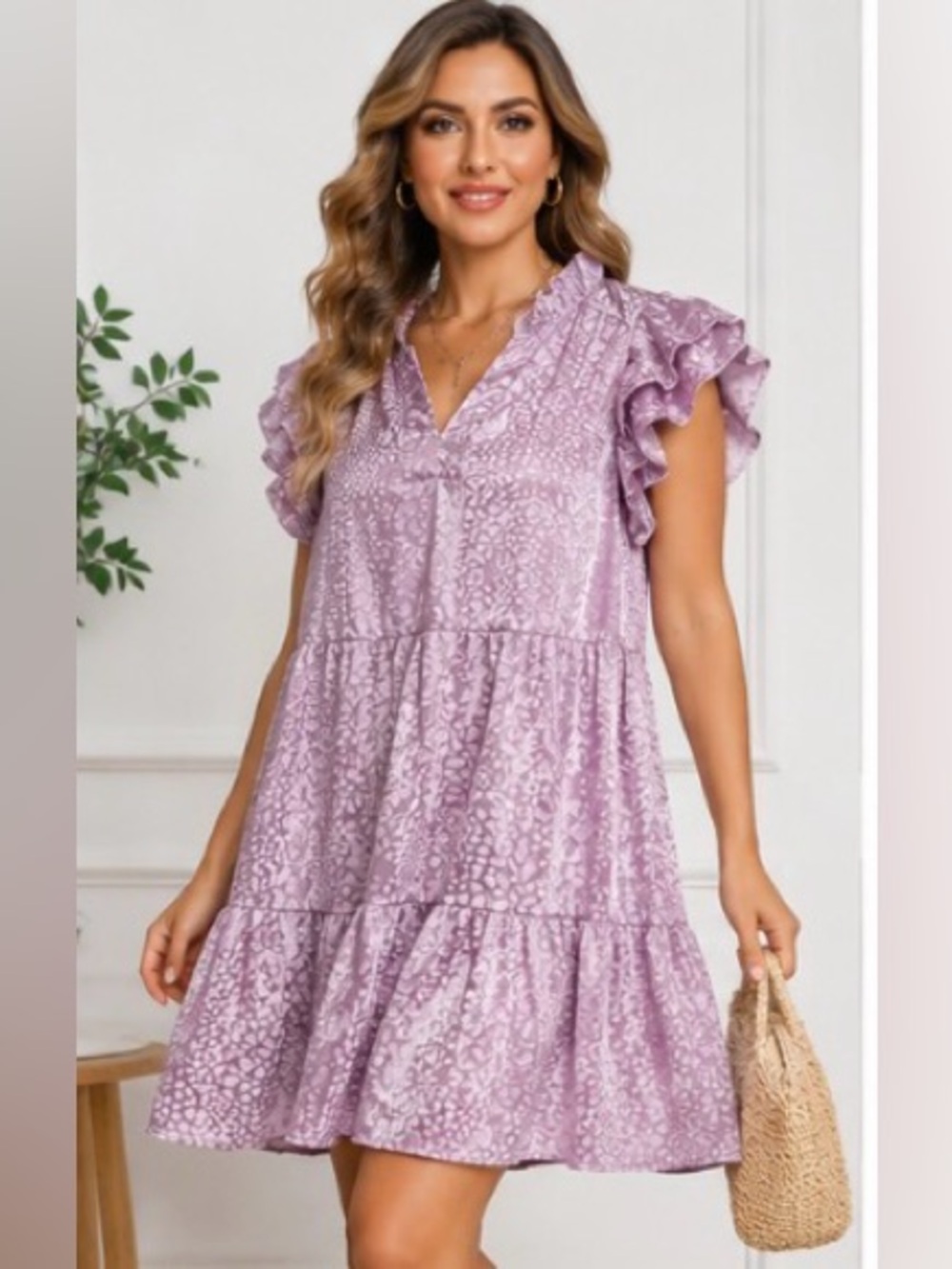 NWT Umgee Lavender Satin Ruffle Sleeve Tiered Babydoll Dress L